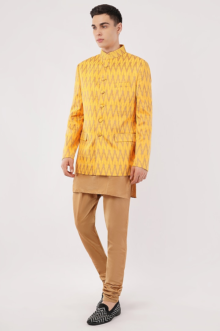 Yellow Silk Machine Embroidered Wedding Bandhgala Set by Pasqo Label at Pernia's Pop Up Shop