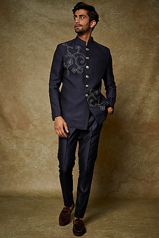 Blue Jacquard Embroidered Bandhgala Set by PARA