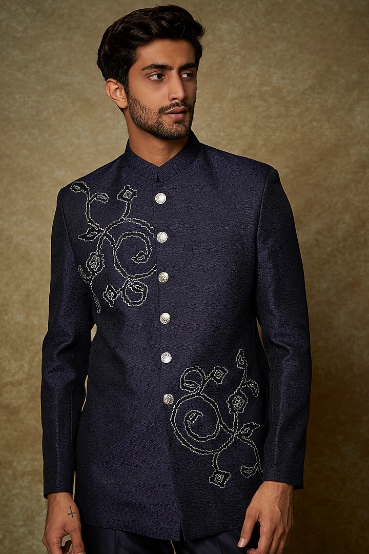 Blue Jacquard Embroidered Wedding Bandhgala Set by PARA at Pernia's Pop Up Shop