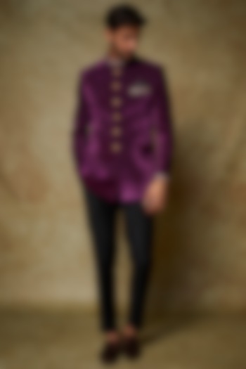 Aubergine Velvet Embroidered Bandhgala Set by PARA at Pernia's Pop Up Shop