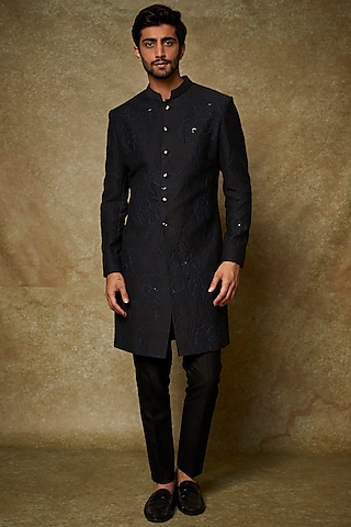 Blue & Black Jacquard Sherwani Set by PARA