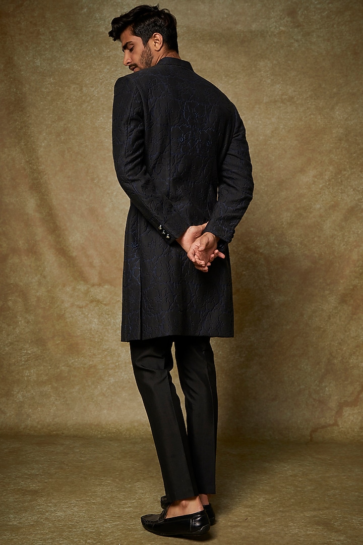 Blue & Black Jacquard Wedding Sherwani Set by PARA at Pernia's Pop Up Shop
