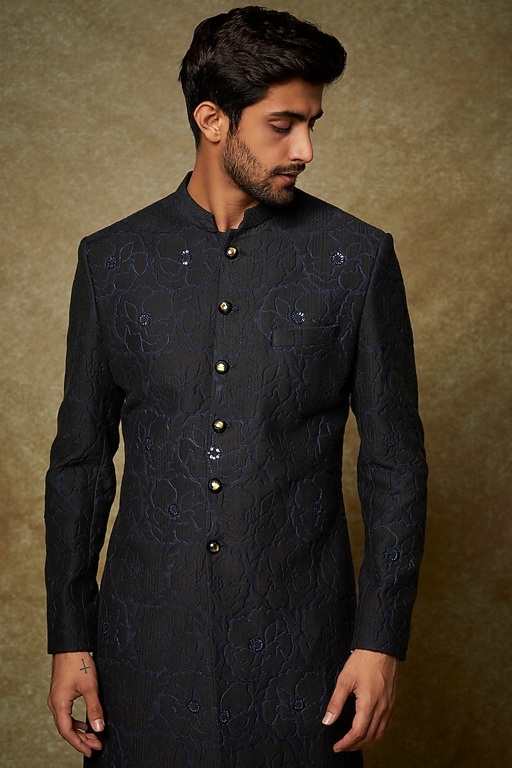 Buy PARA Blue & Black Jacquard Sherwani Set at Pernia'sPopUpShopMen 2024