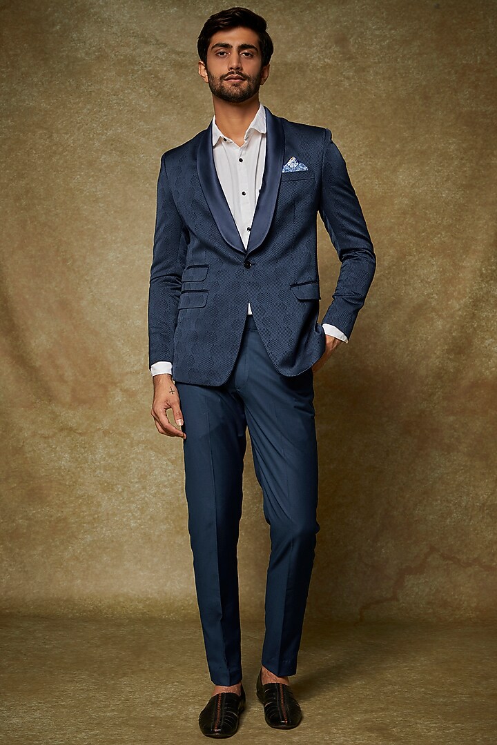 Blue Silk Striped Tuxedo Set by PARA at Pernia's Pop Up Shop