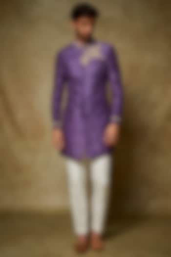 Purple Raw Silk Embroidered Sherwani Set by PARA
