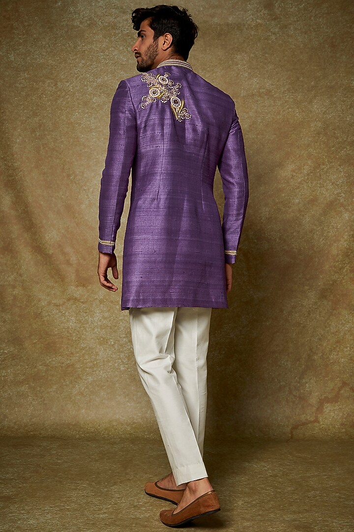 Purple Raw Silk Embroidered Wedding Sherwani Set by PARA at Pernia's Pop Up Shop