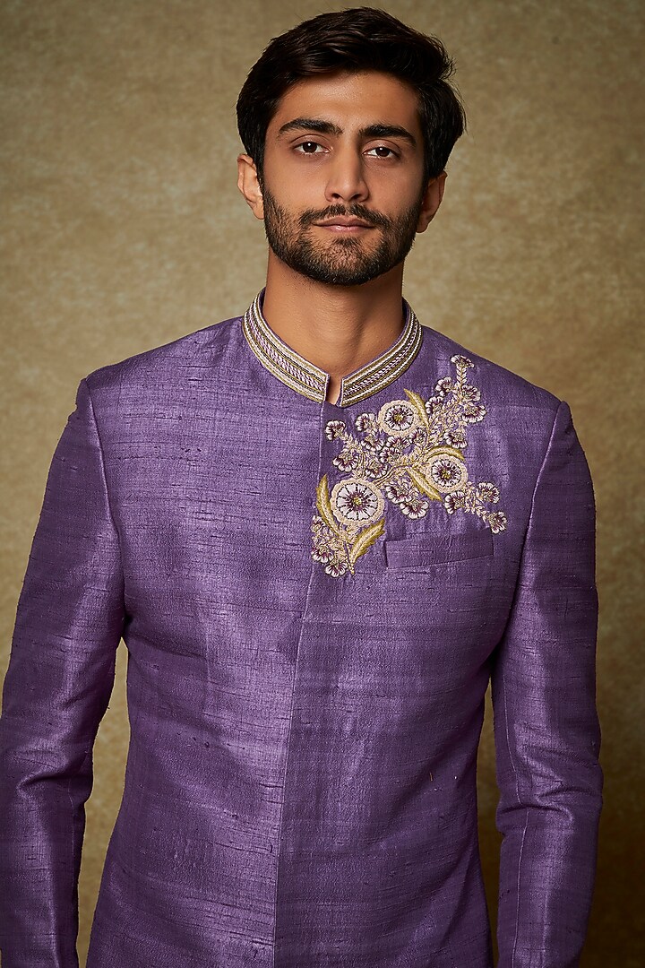 Purple Raw Silk Embroidered Wedding Sherwani Set by PARA at Pernia's Pop Up Shop