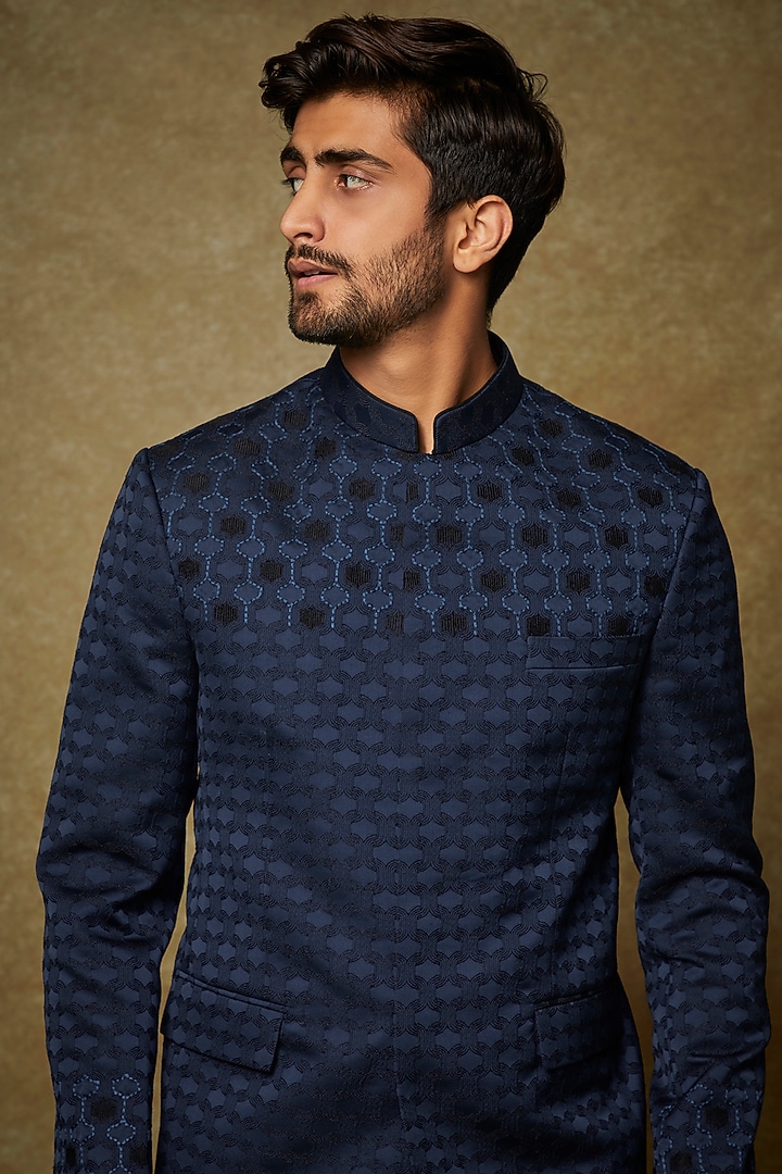 Royal Blue Jacquard Embroidered Wedding Bandhgala Set by PARA at Pernia's Pop Up Shop