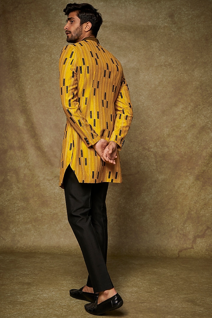 Yellow Silk Embroidered Wedding Sherwani Set by PARA at Pernia's Pop Up Shop