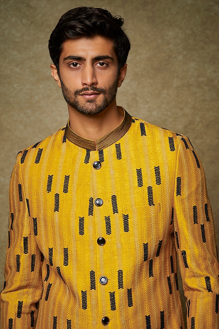 Yellow Silk Embroidered Wedding Sherwani Set by PARA at Pernia's Pop Up Shop