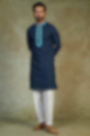 Teal Blue Pure Chanderi Hand Embroidered Kurta Set by PARA at Pernia's Pop Up Shop