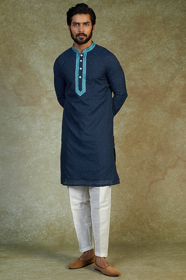 Teal Pure Chanderi Hand Embroidered Kurta Set by PARA