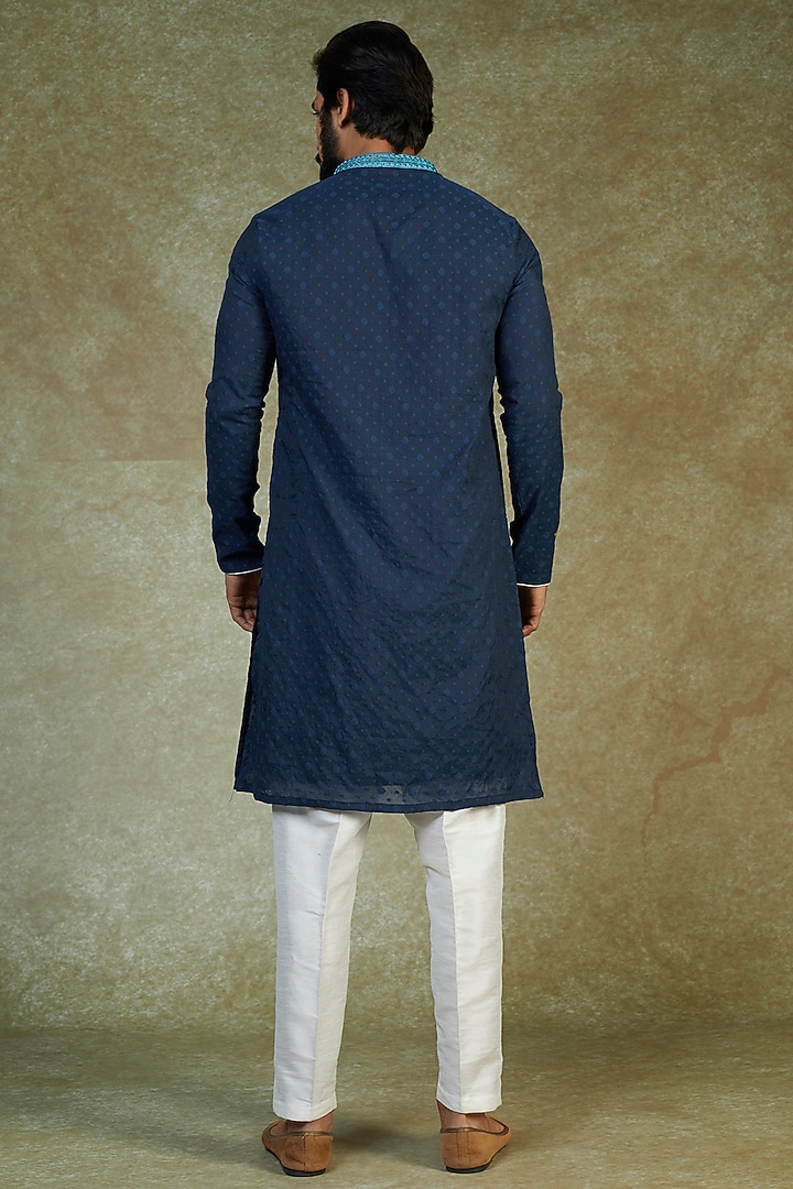 Teal Blue Pure Chanderi Hand Embroidered Kurta Set by PARA at Pernia's Pop Up Shop
