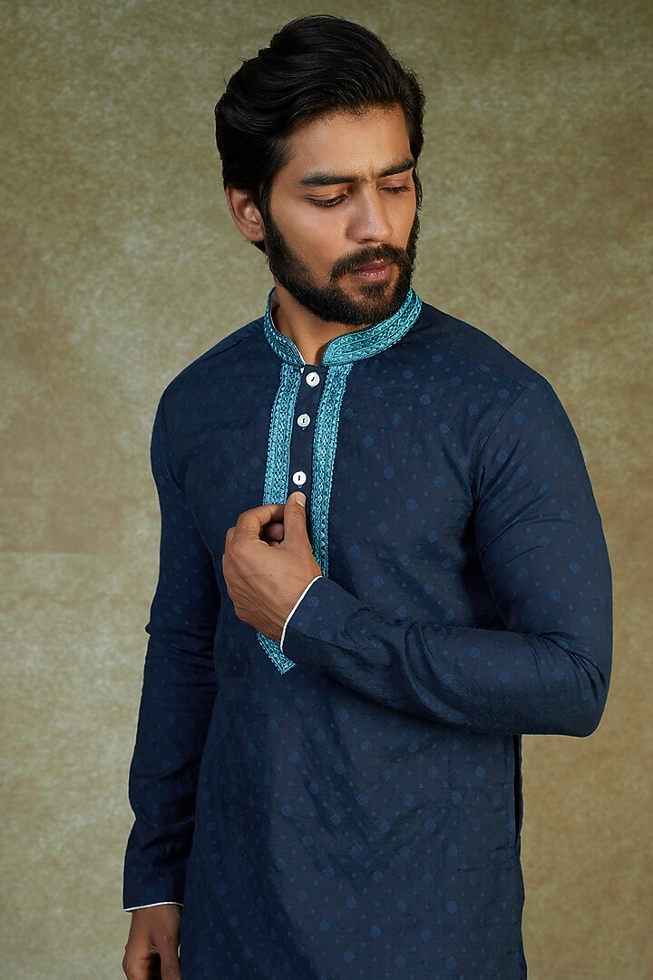 Teal Blue Pure Chanderi Hand Embroidered Kurta Set by PARA at Pernia's Pop Up Shop