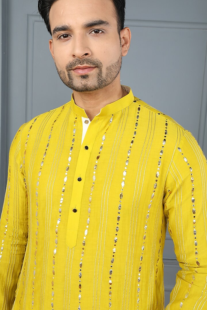 Yellow Chanderi & Cotton Silk Kurta Set by PARA at Pernia's Pop Up Shop