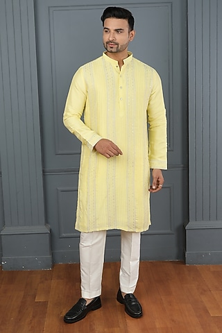 Yellow Dupion Silk Resham Embroidered Kurta Set by PARA