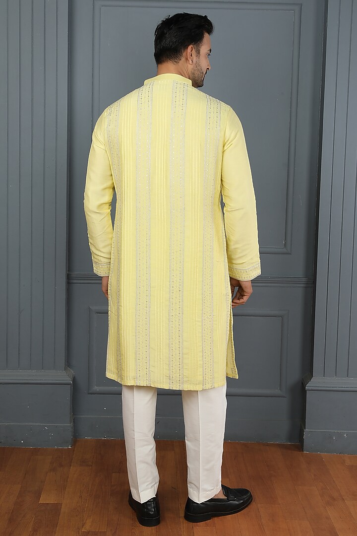 Yellow Dupion Silk Resham Embroidered Kurta Set by PARA at Pernia's Pop Up Shop