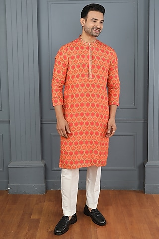 Orange Cotton Linen Printed & Resham Work Kurta Set by PARA