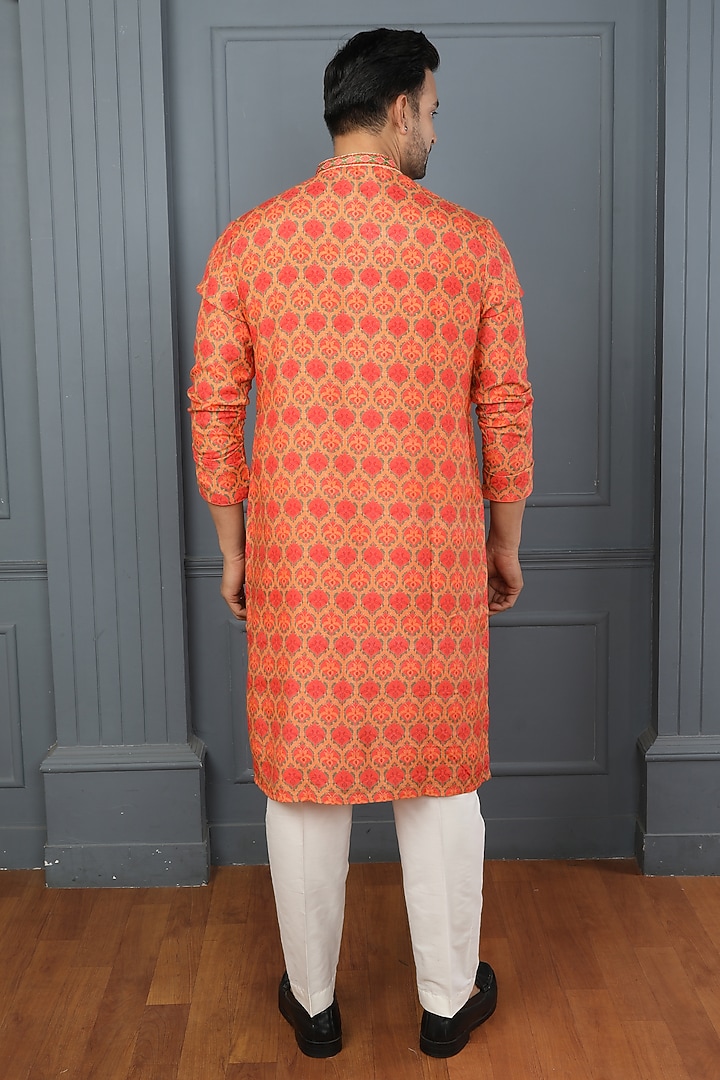 Orange Cotton Linen Printed & Resham Work Kurta Set by PARA at Pernia's Pop Up Shop