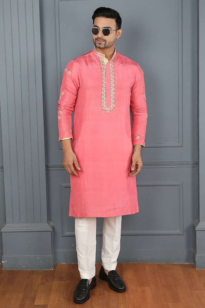 Onion Pink Pure Dupion Silk Hand Embroidered Kurta Set by PARA at Pernia's Pop Up Shop