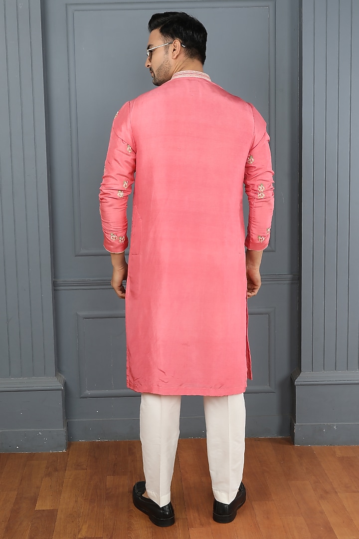 Onion Pink Pure Dupion Silk Hand Embroidered Kurta Set by PARA at Pernia's Pop Up Shop