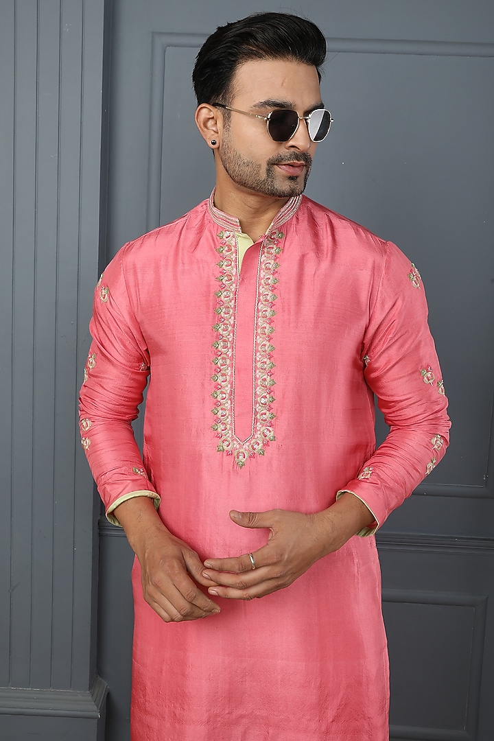 Onion Pink Pure Dupion Silk Hand Embroidered Kurta Set by PARA at Pernia's Pop Up Shop