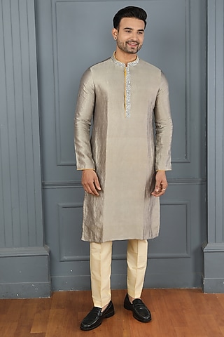 Grey Silk Cutdana Embroidered Kurta Set by PARA