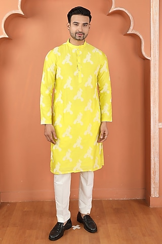 Lemon Yellow Chanderi Machine Embroidered Kurta Set by PARA
