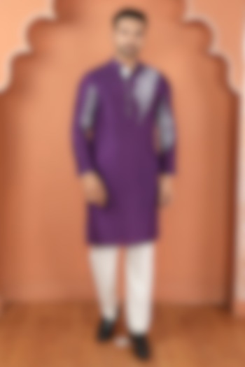 Purple Dupion Silk Painted & Embroidered Kurta Set by PARA at Pernia's Pop Up Shop