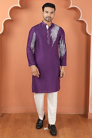 Purple Dupion Silk Painted & Embroidered Kurta Set by PARA
