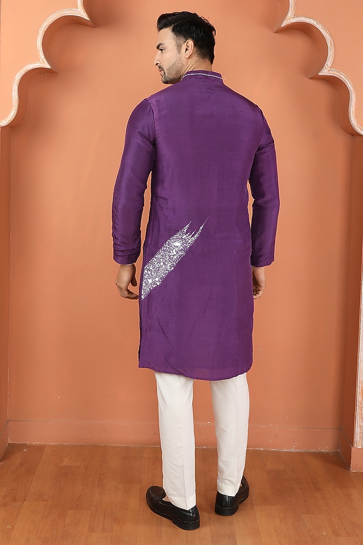 Purple Dupion Silk Painted & Embroidered Kurta Set by PARA at Pernia's Pop Up Shop
