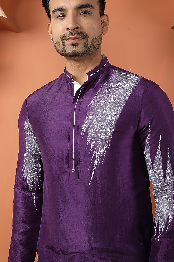 Purple Dupion Silk Painted & Embroidered Kurta Set by PARA at Pernia's Pop Up Shop