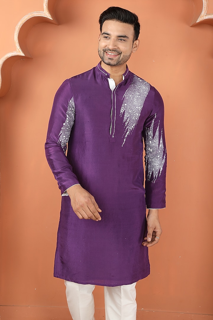 Purple Dupion Silk Painted & Embroidered Kurta Set by PARA at Pernia's Pop Up Shop