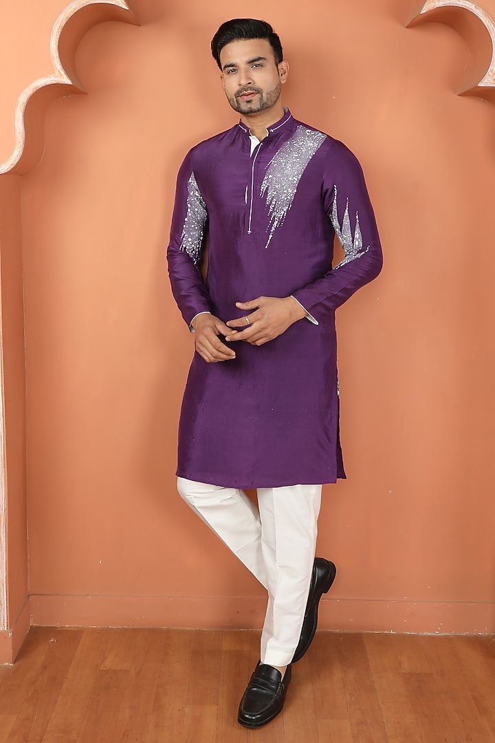 Purple Dupion Silk Painted & Embroidered Kurta Set by PARA at Pernia's Pop Up Shop