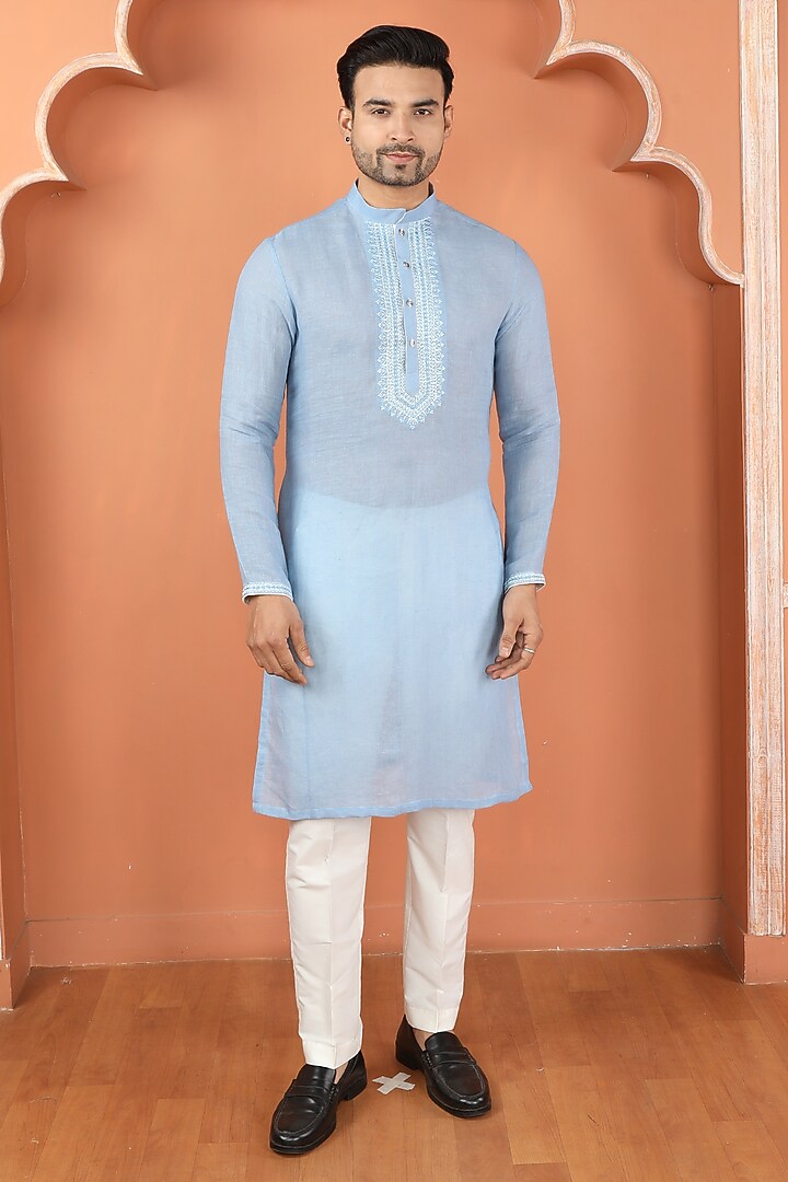Blue Linen Resham Work Kurta Set by PARA at Pernia's Pop Up Shop