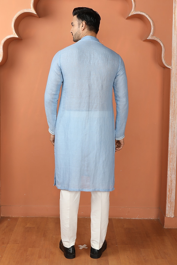 Blue Linen Resham Work Kurta Set by PARA at Pernia's Pop Up Shop