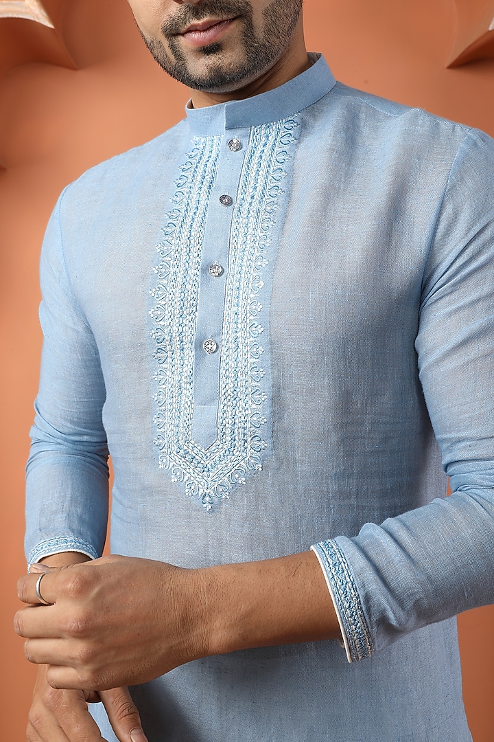 Blue Linen Resham Work Kurta Set by PARA at Pernia's Pop Up Shop