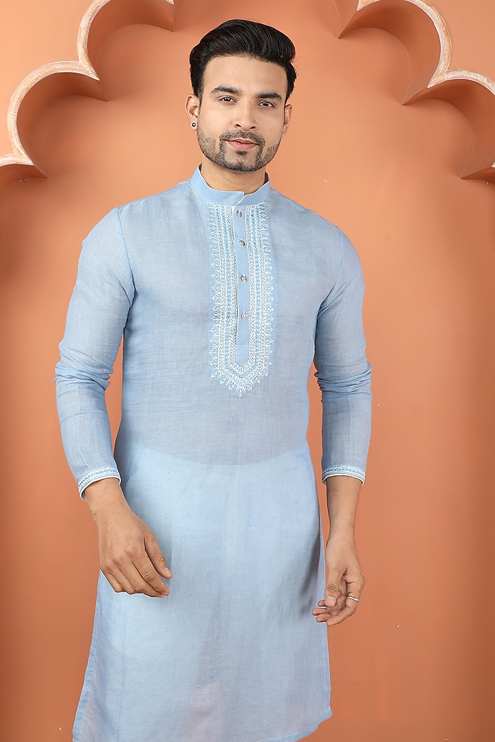 Blue Linen Resham Work Kurta Set by PARA at Pernia's Pop Up Shop