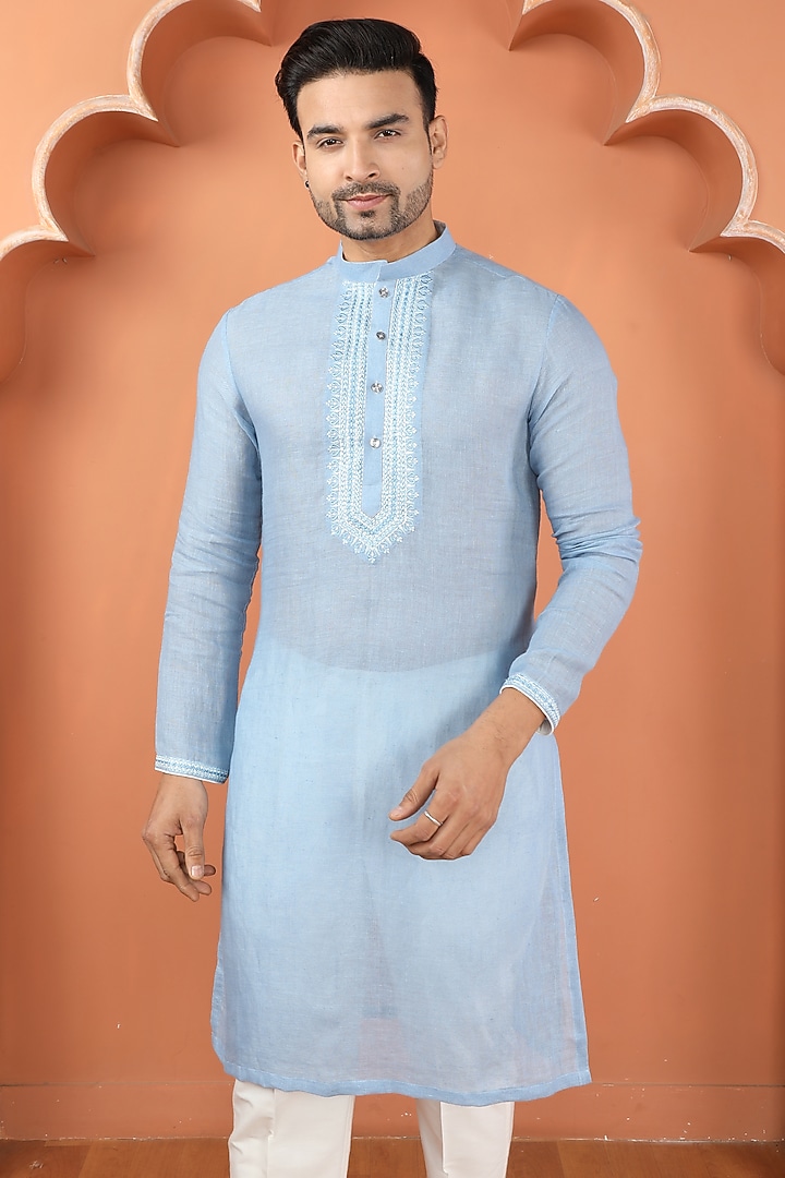 Blue Linen Resham Work Kurta Set by PARA at Pernia's Pop Up Shop