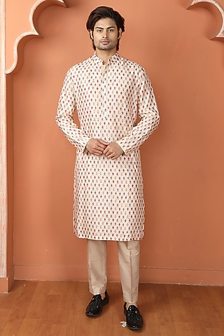 Beige Silk Printed Kurta Set by PARA