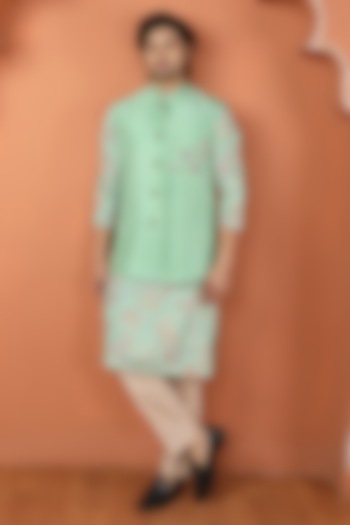 Green Silk Hand Painted Bundi Jacket Set by PARA at Pernia's Pop Up Shop