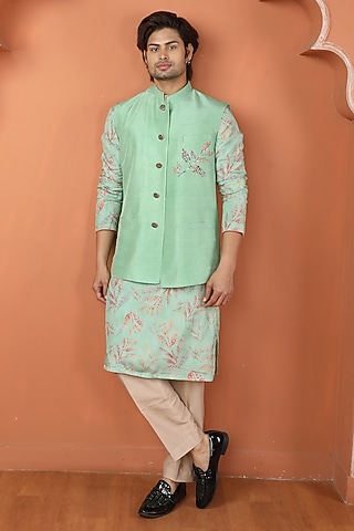 Green Silk Hand Painted Bundi Jacket Set by PARA