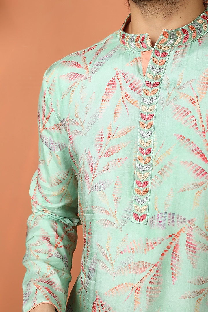 Green Silk Hand Painted Bundi Jacket Set by PARA at Pernia's Pop Up Shop