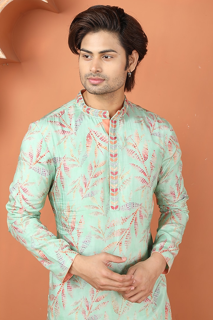 Green Silk Hand Painted Bundi Jacket Set by PARA at Pernia's Pop Up Shop