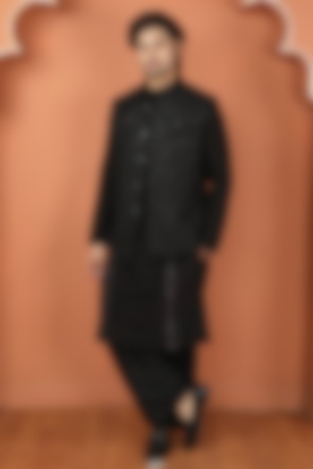 Black Chanderi Silk Sequins Embroidered Bundi Jacket Set by PARA at Pernia's Pop Up Shop