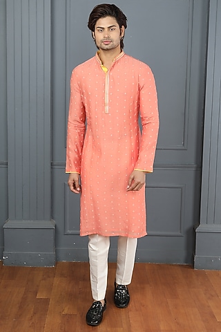 Peach Chanderi Resham Work Kurta Set by PARA