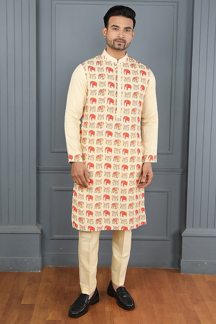 Yellow-Cream Viscose Elephant Printed Kurta Set by PARA at Pernia's Pop Up Shop
