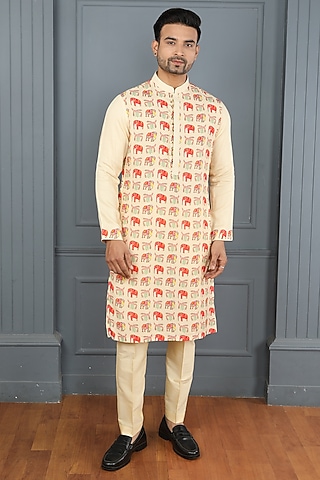 Yellow-Cream Viscose Elephant Printed Kurta Set by PARA