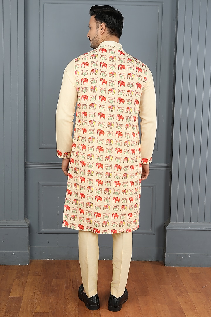 Yellow-Cream Viscose Elephant Printed Kurta Set by PARA at Pernia's Pop Up Shop