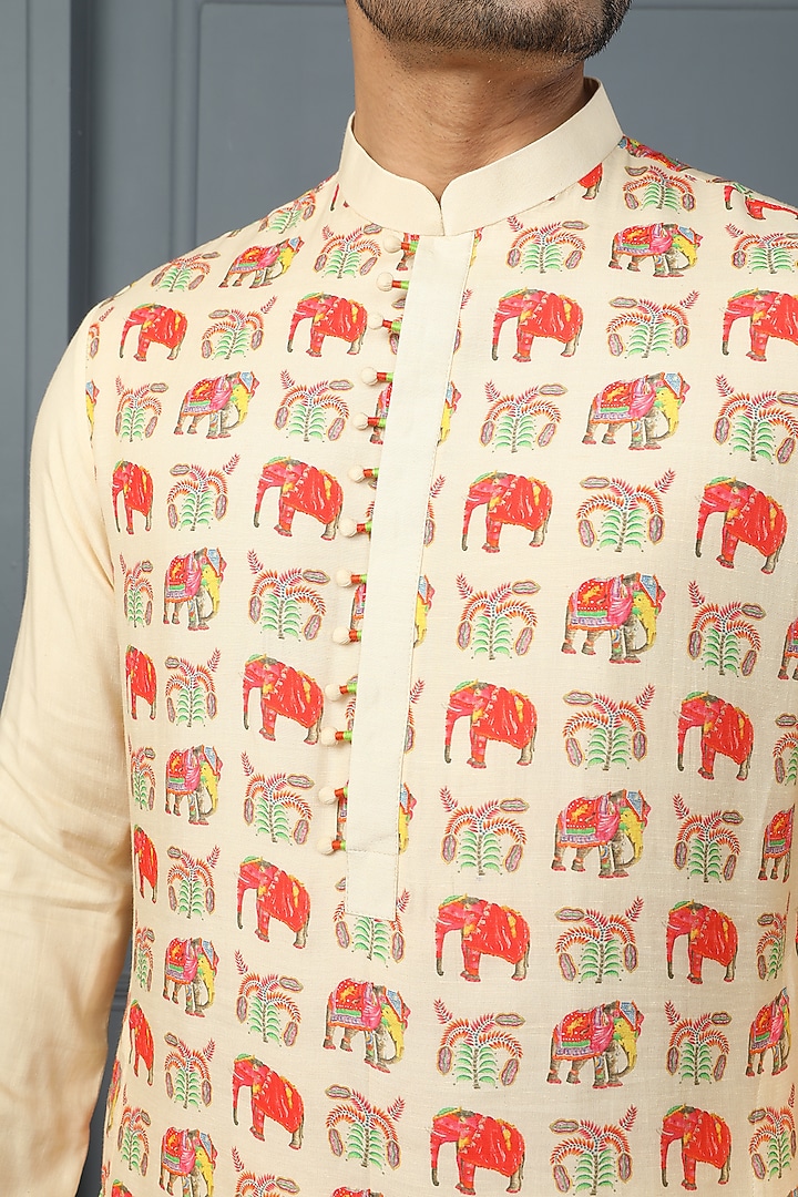 Yellow-Cream Viscose Elephant Printed Kurta Set by PARA at Pernia's Pop Up Shop